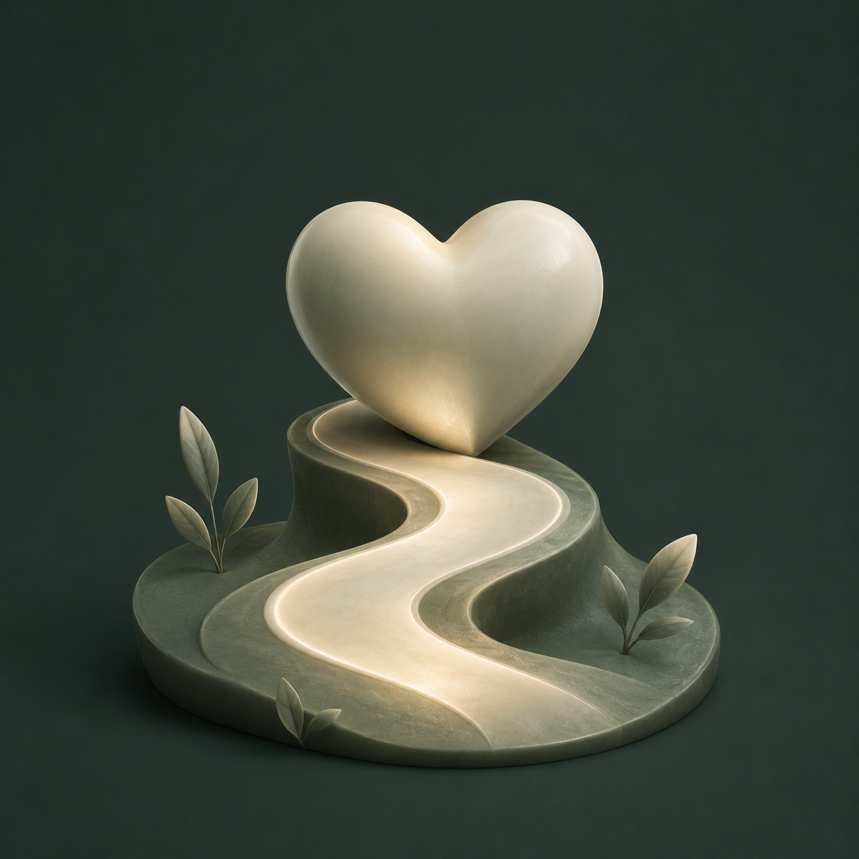 Representação 3D de um coração com um caminho luminoso para simbolizar amor como caminho