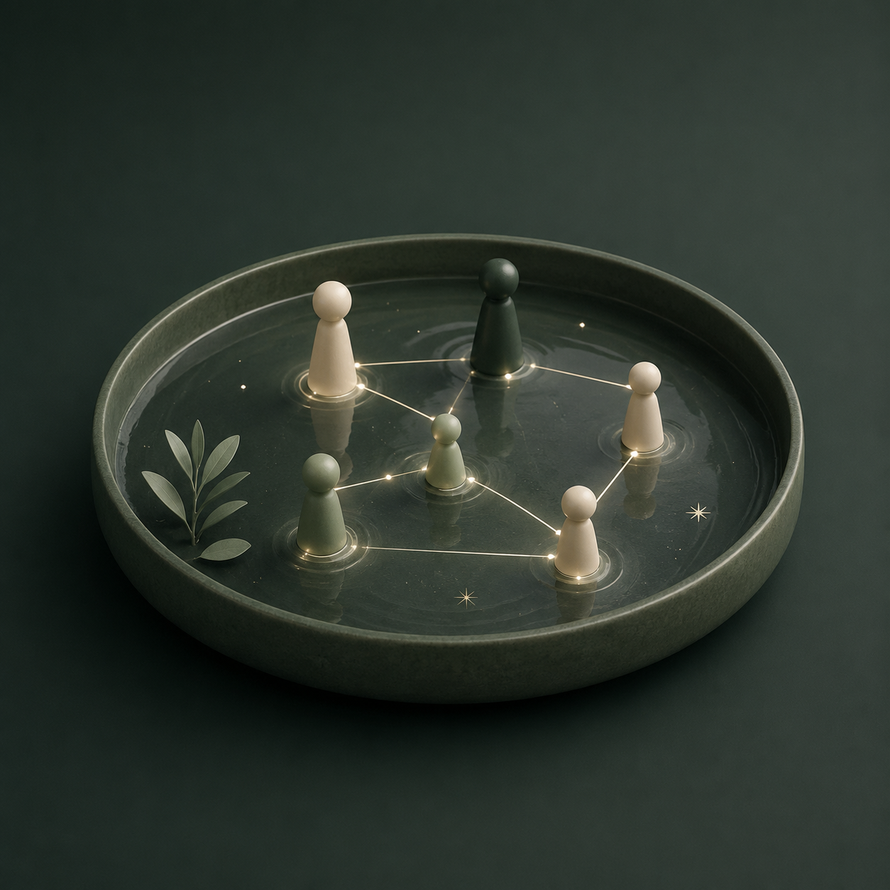 Representação 3D de uma bandeja com bonecos e conexões na água para simbolizar constelação como ferramenta