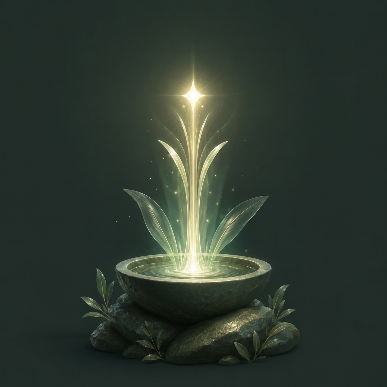 Representação 3D de uma fonte luminosa em tons verdes para simbolizar Deus como fonte